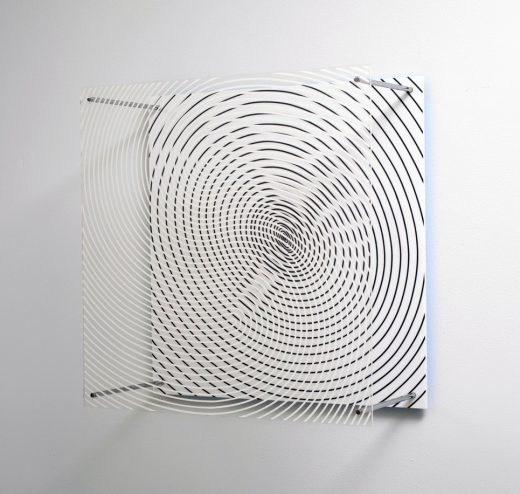 Jesus Soto (1923 – 2005)
Espiral Doble (Serie ‘Sintesis’)
Two panels of Plexiglas, chrome steel supports
15.35 x 15.35 x 5.5 in. (39 x 39 x 14 cm)
1979
Signed on back: Soto – E.A.